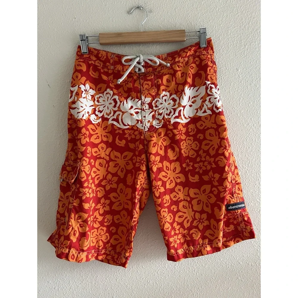 Abercrombie Y2K Swim Trunks Boys 16 Orange Tropical Print Board Shorts Hawaiian